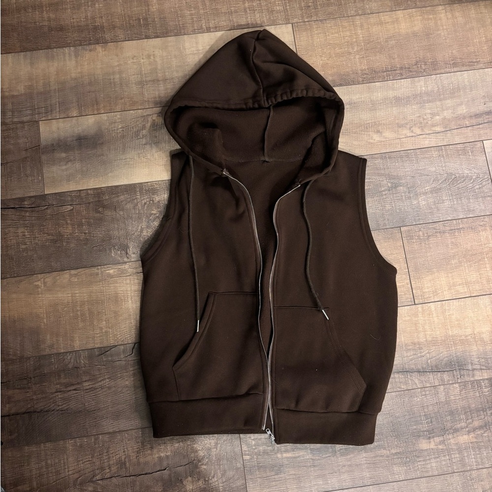 Brown Hooded Vest with Pockets